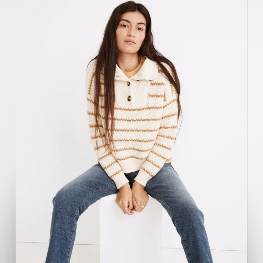 Madewell Canby Button Mockneck Sweater in Stripe Antique Cream.